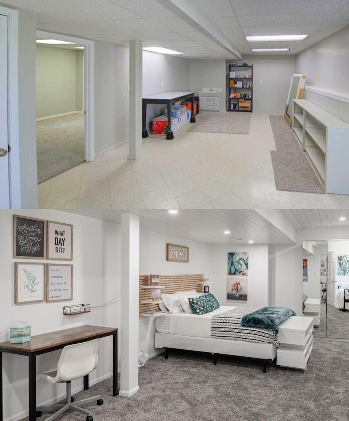 Before-and-after images of a dreary finished basement turned into a cozy modern bedroom.