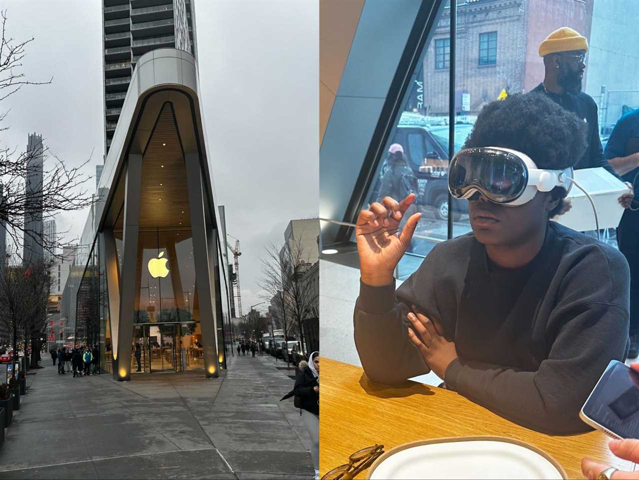 Downtown Brooklyn Apple store and Jordan Hart wearing Vision Pro