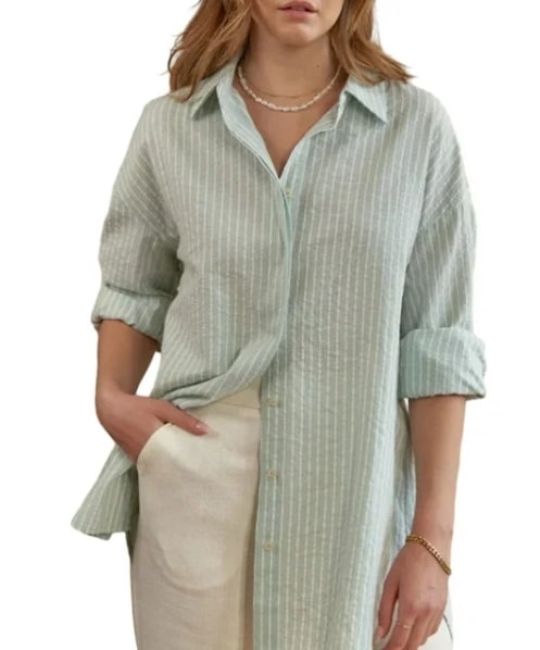 Women Button Down Shirts Vertical Striped Turn-Down Collar Blouses