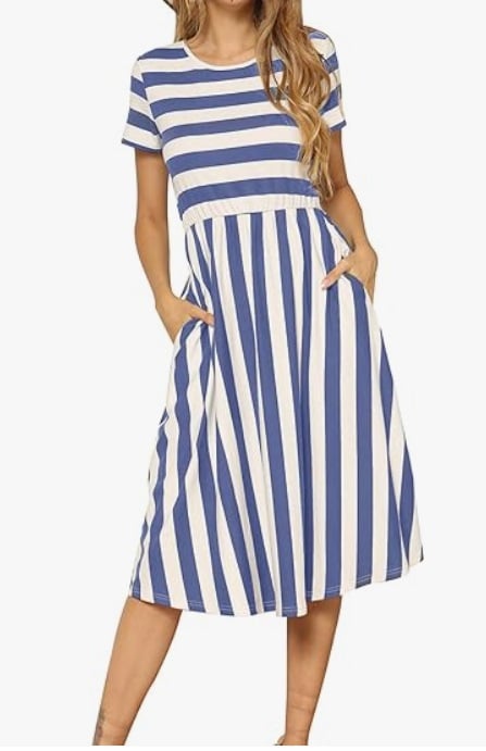 levaca Women's Casual Short Sleeve Striped Swing Midi Dress with Pockets