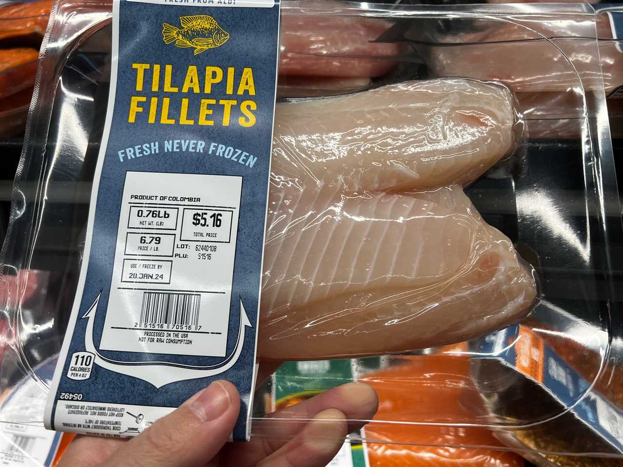 A hand holding a package of tilapia fillets.