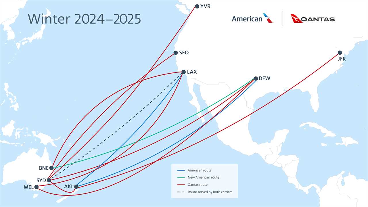 The Oneworld alliance winter 2024-2025 route map between the US and Australia, New Zealand, and the South Pacific.