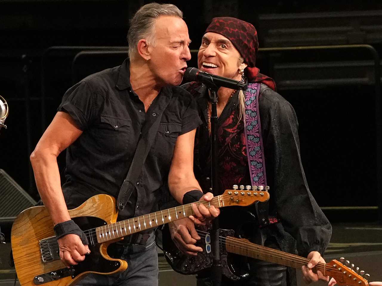 Bruce Springsteen (L) and Steven Van Zandt perform onstage during the Bruce Springsteen and The E Street Band 2023 tour at Climate Pledge Arena on February 27, 2023 in Seattle, Washington.