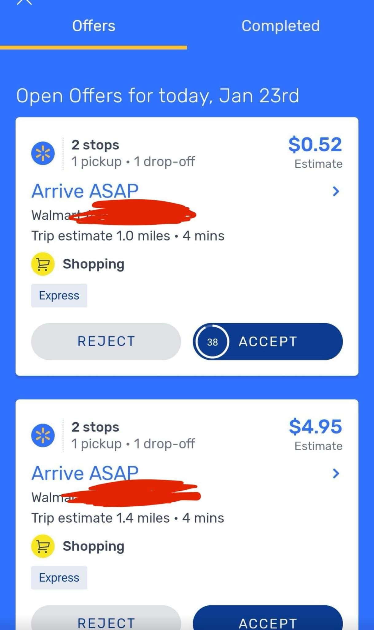 A screenshot from the Spark app dated Jan. 23 shows two orders that a driver for the service could deliver. The top one offers 52 cents in estimated earnings for delivering an order one mile away from a store, while another below it offers $4.95 for a delivery address 1.4 miles from the store.