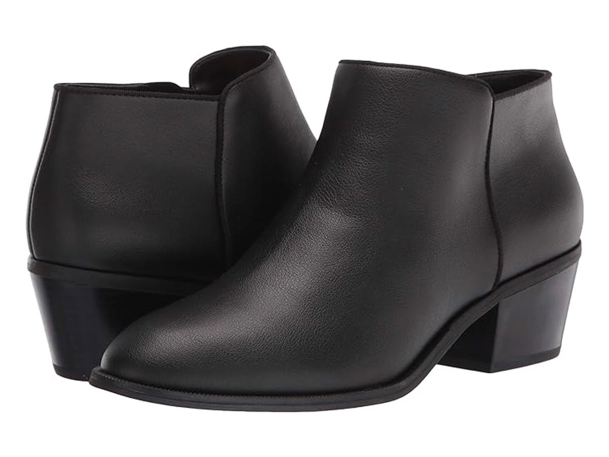 Pair of black Amazon Essentials Women's Ankle Boots.