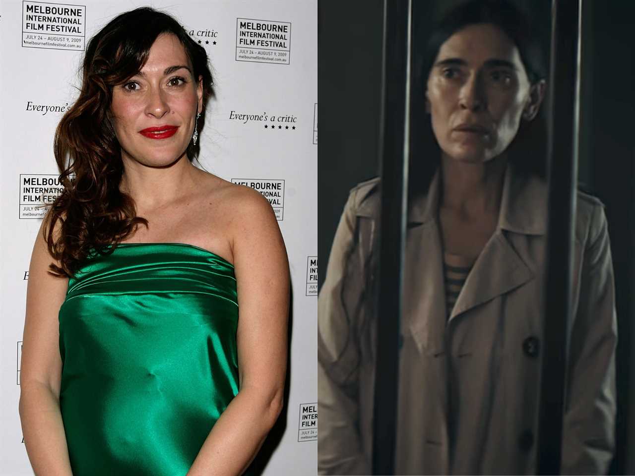 left: victoria haralabidou in a green shining wrap dress; right: haralabidou as lena pascal, seen through the bars of a cell