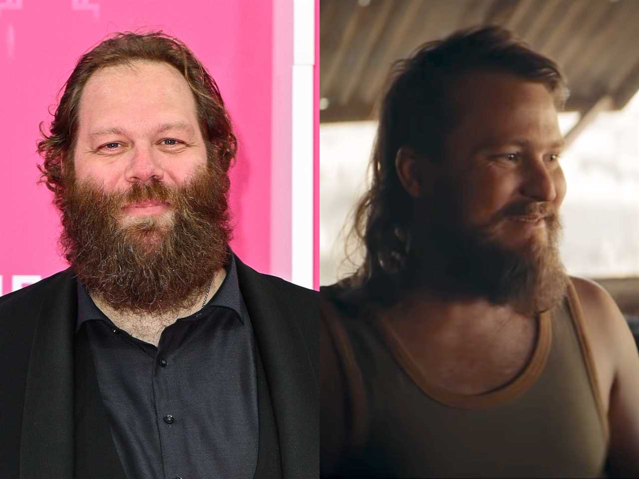 left: olafur darri olafsson on a red carpet, wearing a black shirt and jacket. right: olafsson as billy nixon, wearing a tank top