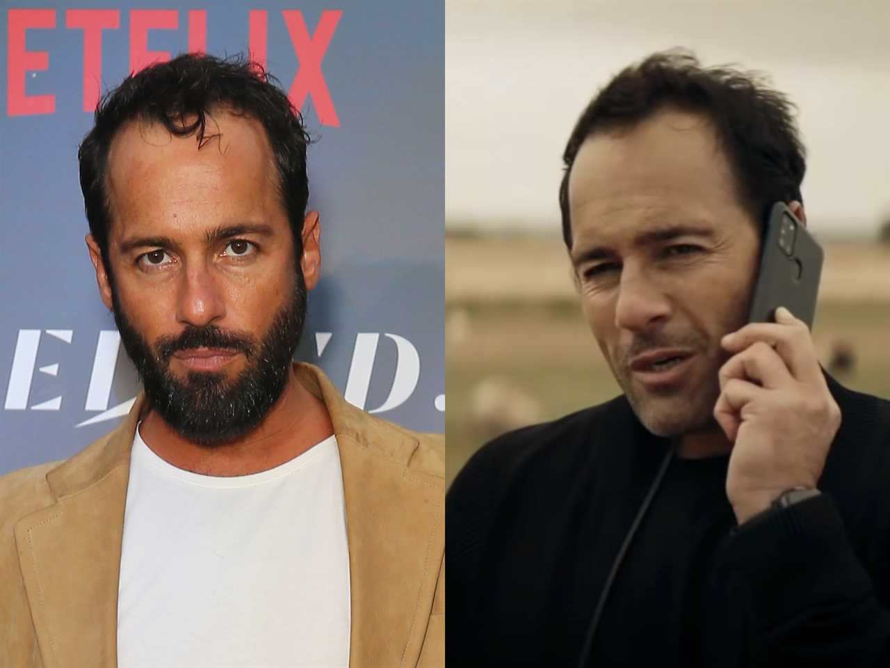 left: alex dimitriades on a red carpet, his facial hair trimmed and wearing a white shirt and beige jacket; right: dimitriades as kosta panigiris in the tourist, wearing black clothes and holding a phone up to his ear