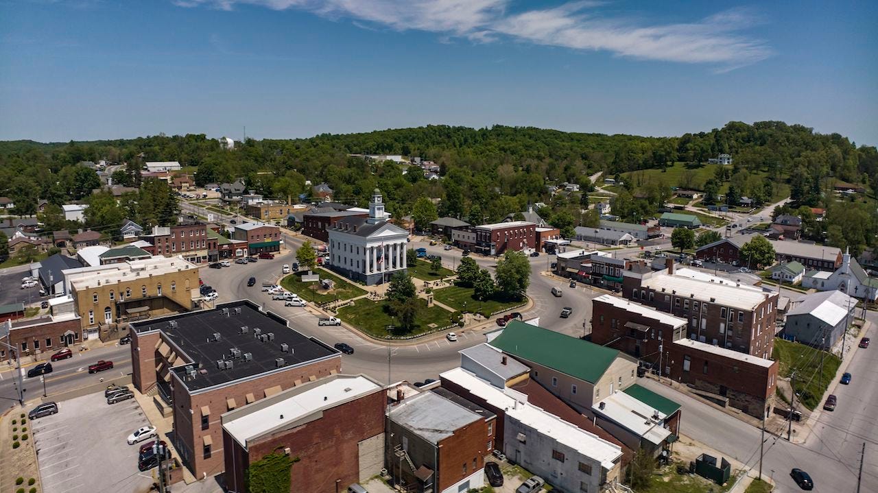 Aerial view of County courthouse and Clocktower in the historic small town of Paoli, Indiana.