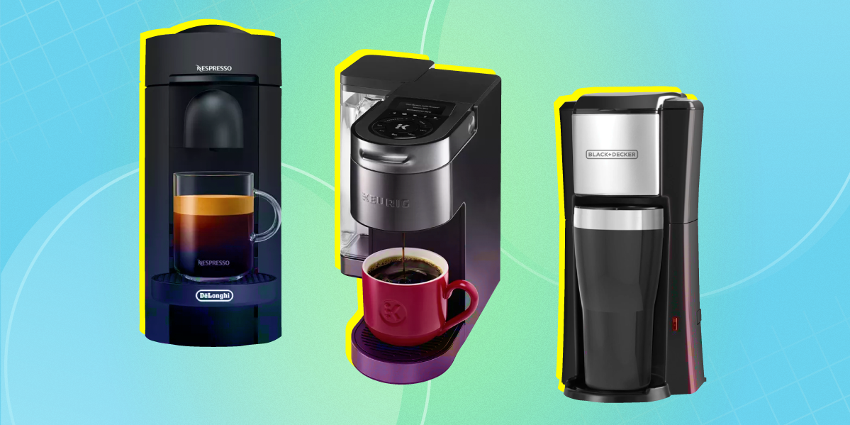 Best single-serve coffee maker collage, from brands like Nespresso, Black and Decker and Keurig.