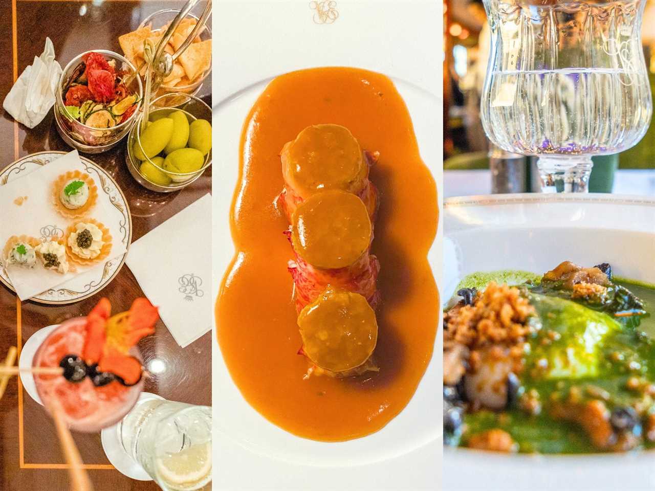 Left: aerial photo of appetizers and drinks on a wooden table. Center: Arial photo of lobster covered in orange sauce on a white plate. Right: A green soup-like dish in a wide, white bowl in front of a glass of water