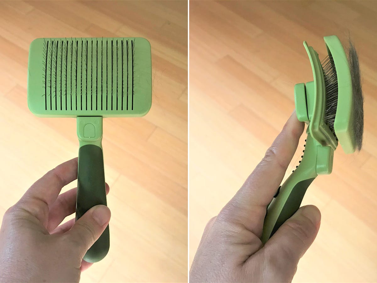 On left, a hand holds the safari slicker brush with metal tines, and on right, the brush a finger is pressing on the button on back of the brush to release the fur.