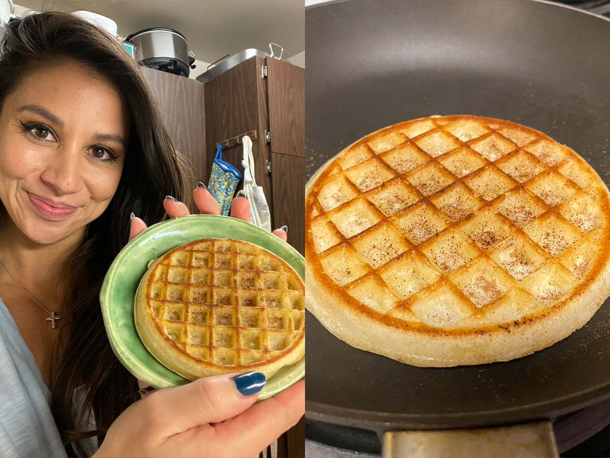 chelsea holding up a frozen waffle on a plate and a closeup shot of a frozen waffle in a frying pan