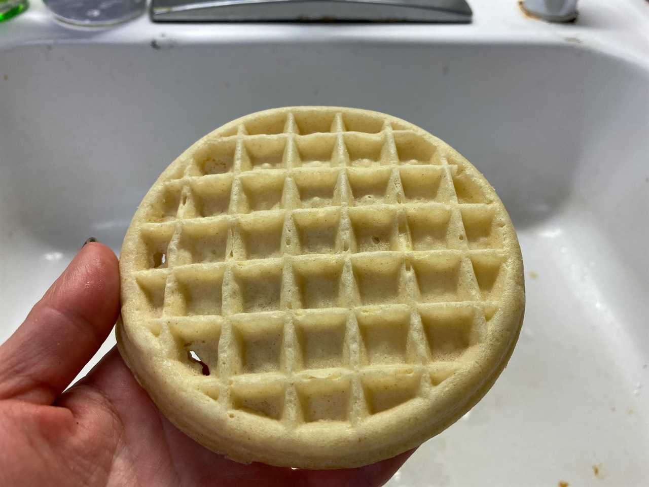 hand holding up a frozen waffle