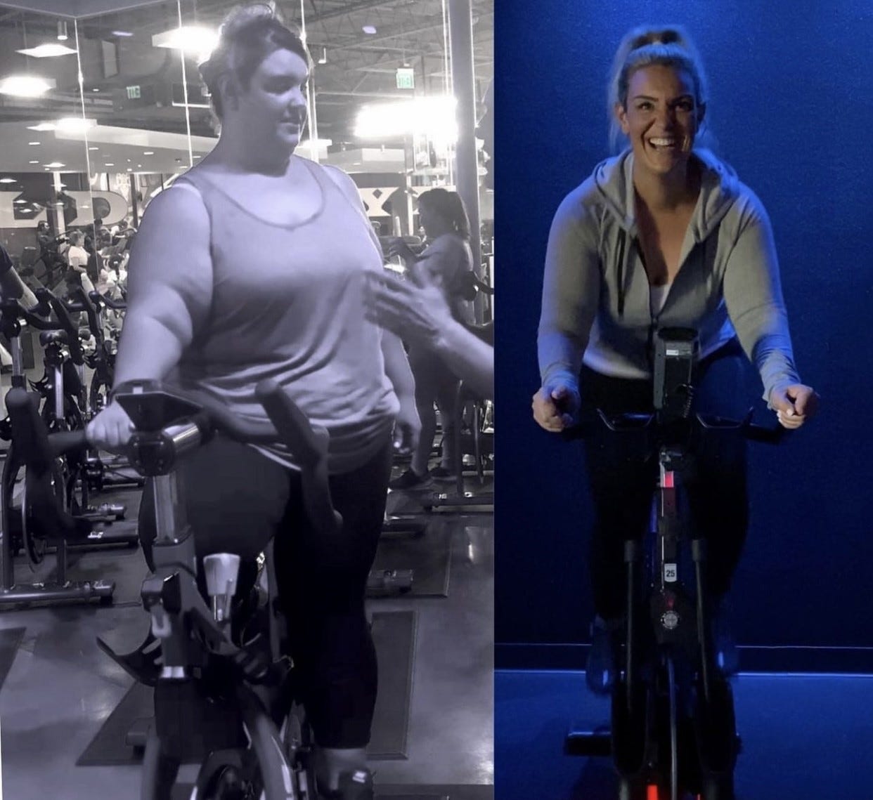 A split image showing a woman on a spin bike before and after losing more than 150 pounds.