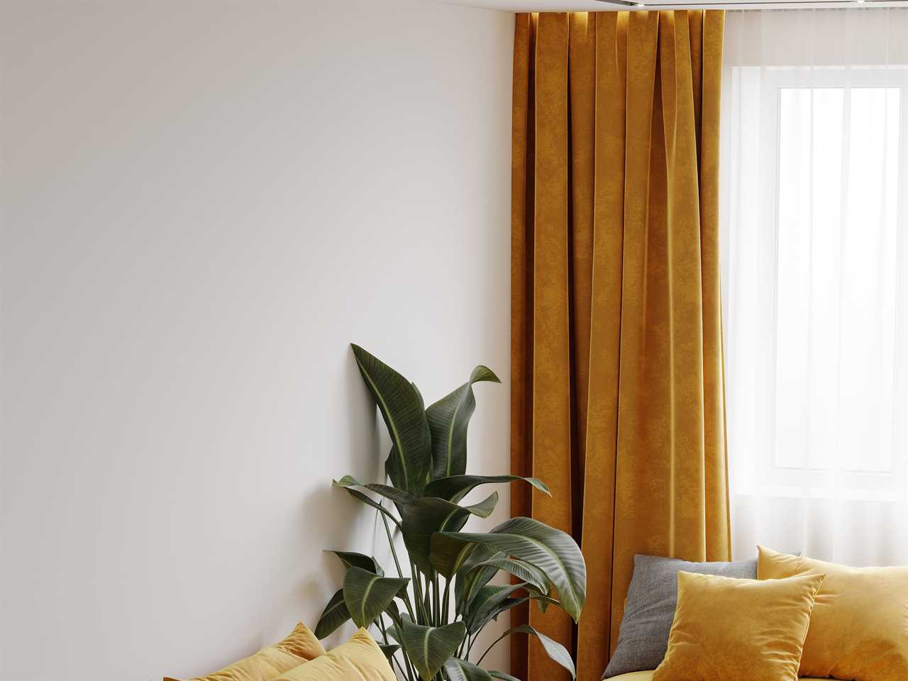 Ochre sofa and curtains in living room