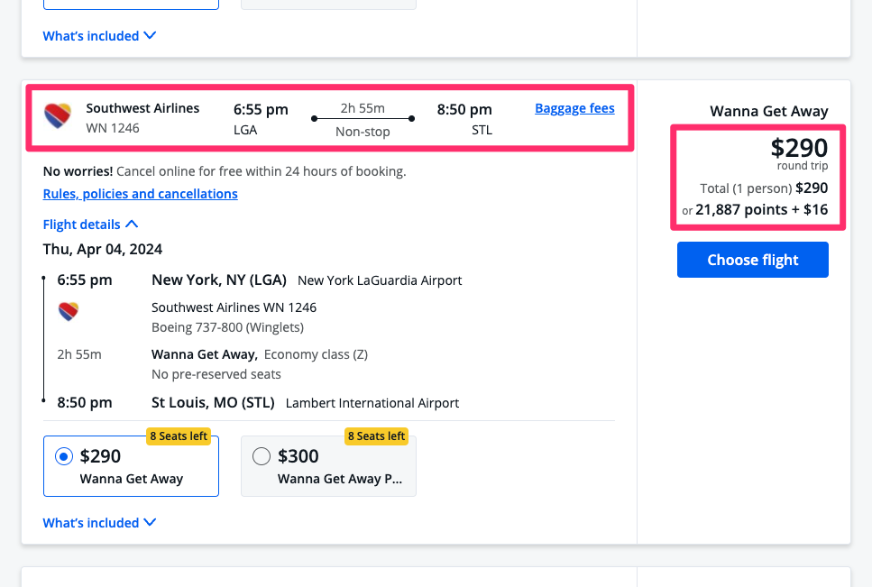 A flight from New York City to St. Louis in the Chase Travel Portal