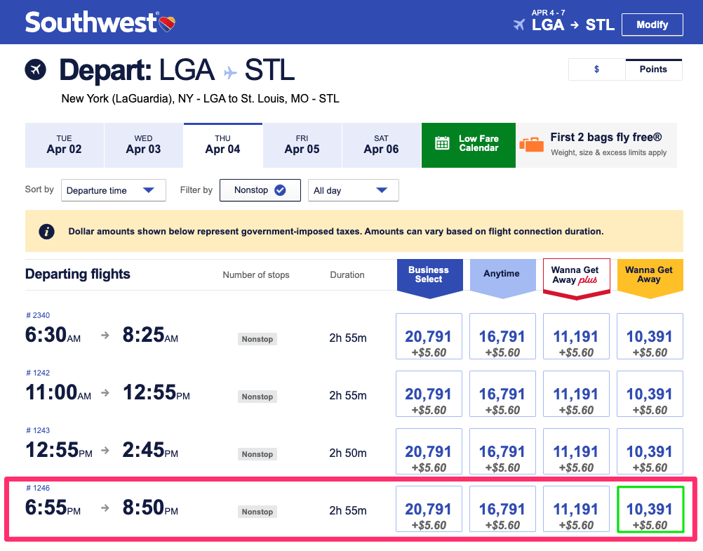 A flight from New York City to St. Louis on Southwest's website.