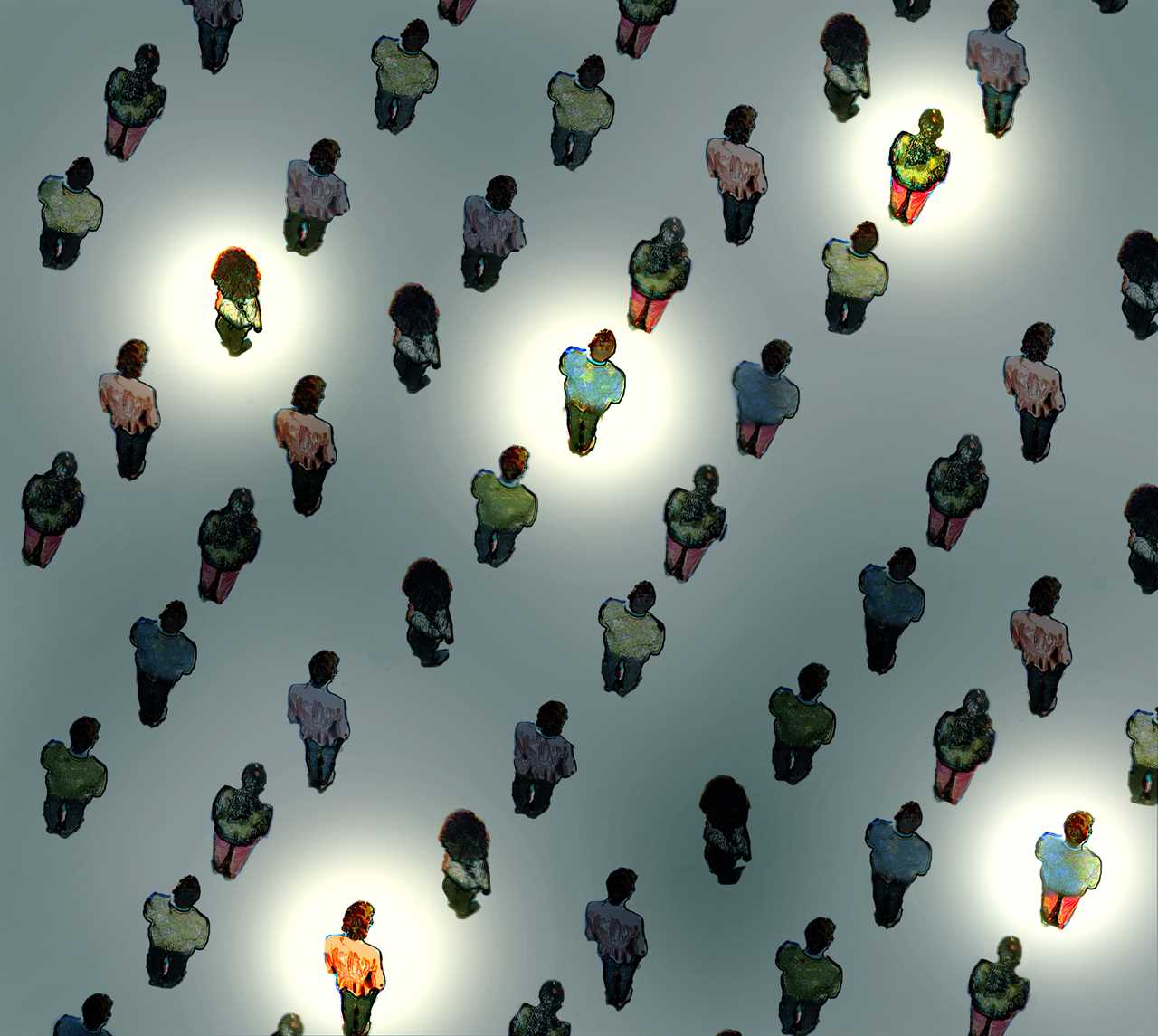 Aerial view of a group of a large people with the light shining illustration