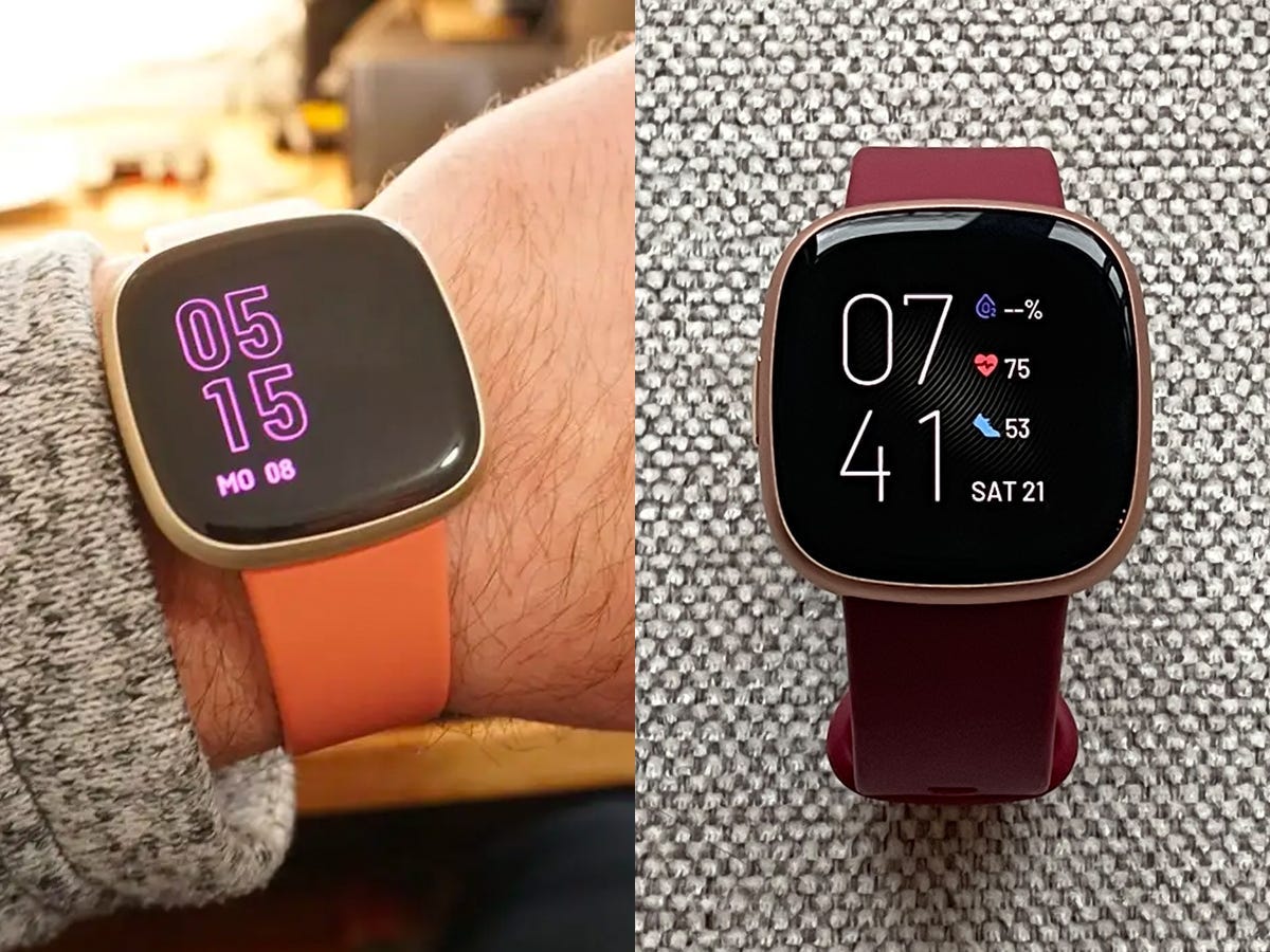 side-by-side photos of a Fitbit Versa 4 and a Fitbit Versa 3 fitness tracker. On the left, a Versa 3 around a person's wrist. On the right, a Versa 4 against a fabric background.