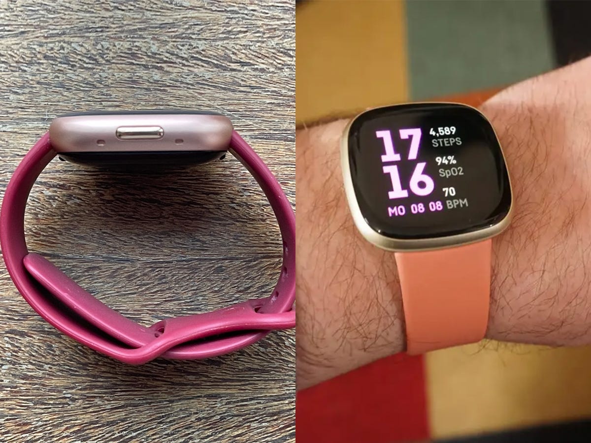 Side by side images of the Fitbit Versa 4 and Fitbit Versa 3 fitness trackers. On the left, the Versa 4 is shown from the side. On the right, the Versa 3 is shown around someone's wrist.