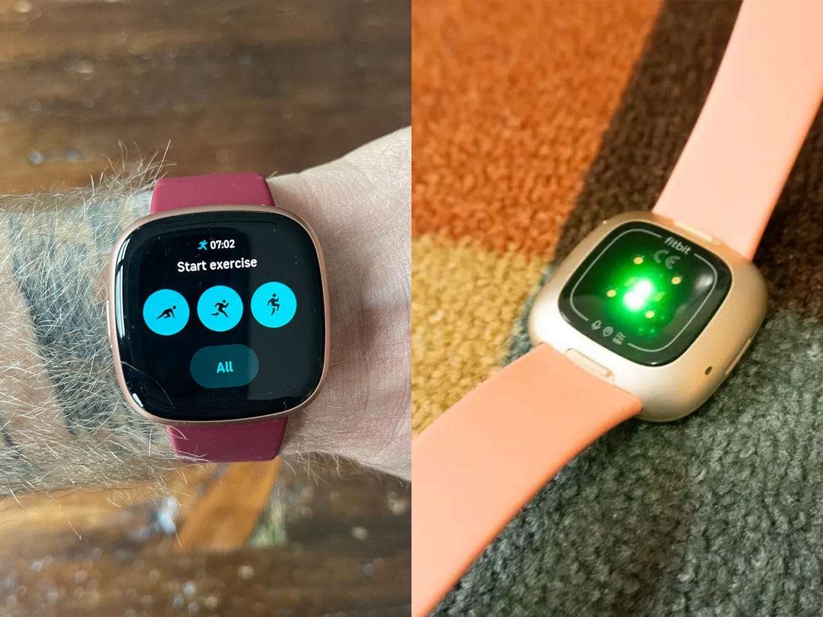 Side by side of the Fitbit Versa 4 and Fitbit Versa 3 fitness trackers. On the left, the Versa 4 is shown around a person's wrist. On the right, the back side of the Versa 3 is shown with a green monitor glowing from it.