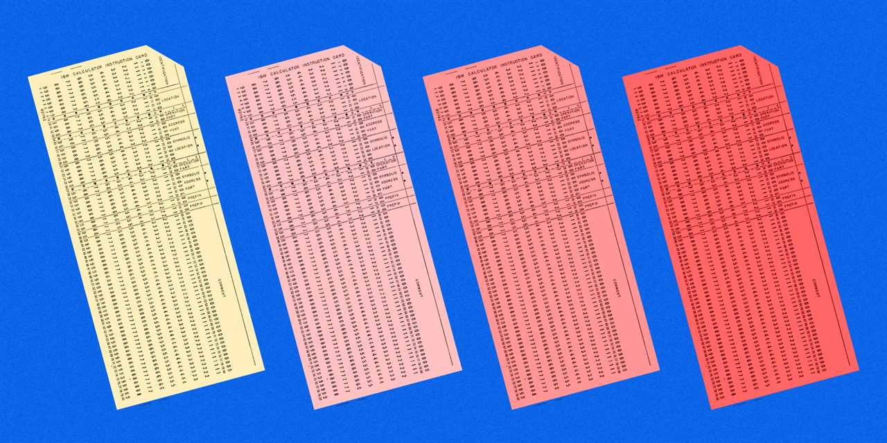 A row of timecards gradually turning into a pink slip