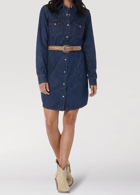 LONG SLEEVE WESTERN SNAP DENIM DRESS IN DARK DENIM
