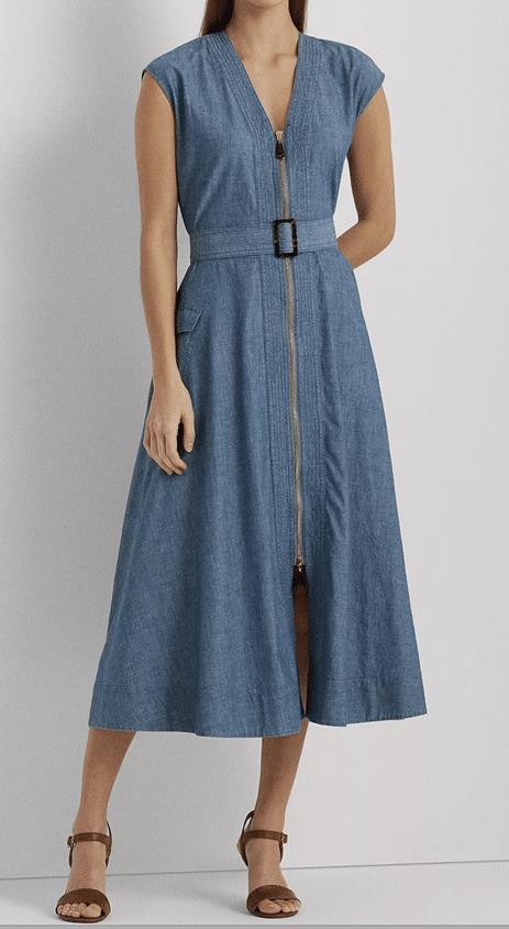 LAUREN RALPH LAUREN Women's Belted Denim Cap-Sleeve Dress