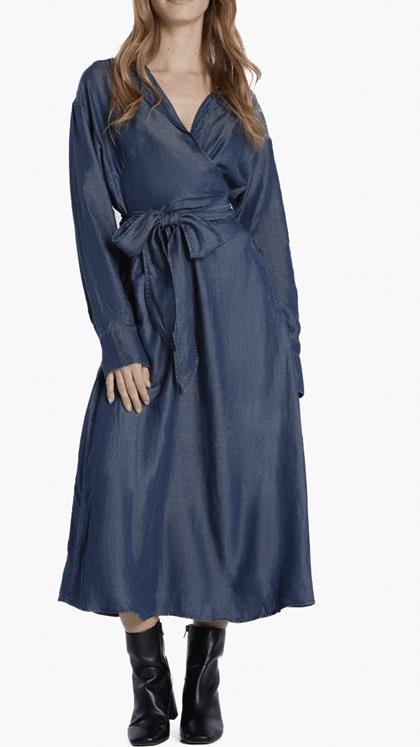 Tie Waist Long Sleeve Denim Maxi Dress