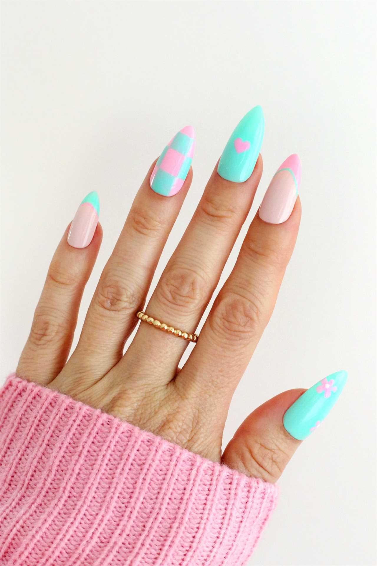pink and green checkered manicure