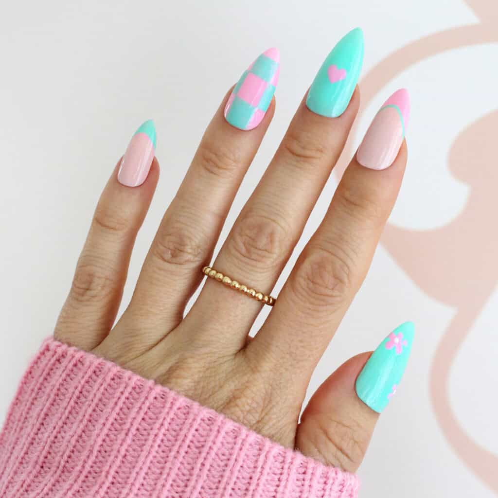 pink and green checkered heart nails